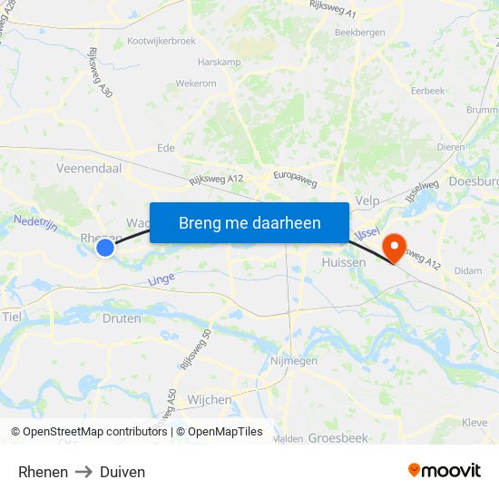 Rhenen to Duiven map