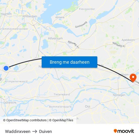Waddinxveen to Duiven map