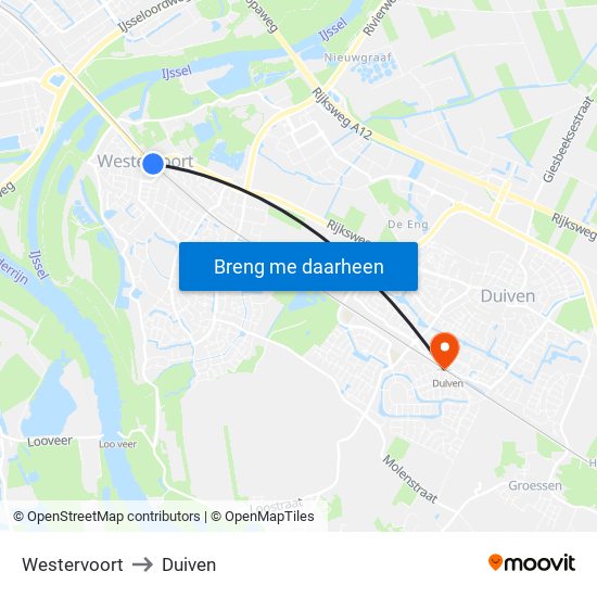 Westervoort to Duiven map