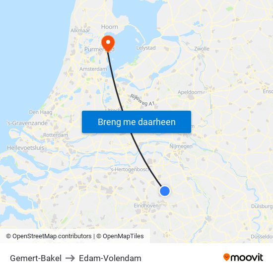 Gemert-Bakel to Edam-Volendam map