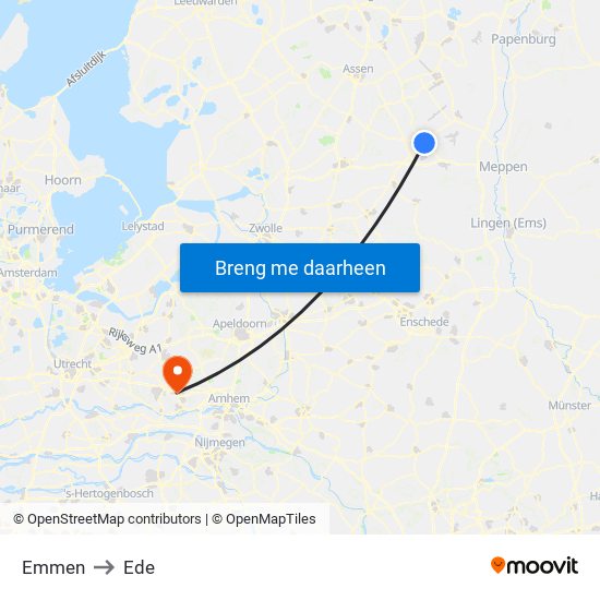 Emmen to Ede map