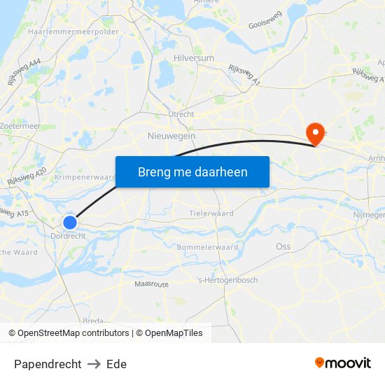 Papendrecht to Ede map