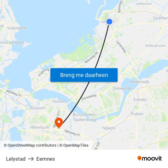 Lelystad to Eemnes map