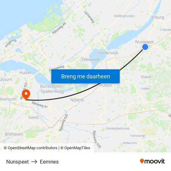 Nunspeet to Eemnes map