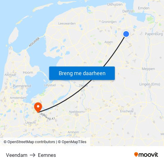 Veendam to Eemnes map