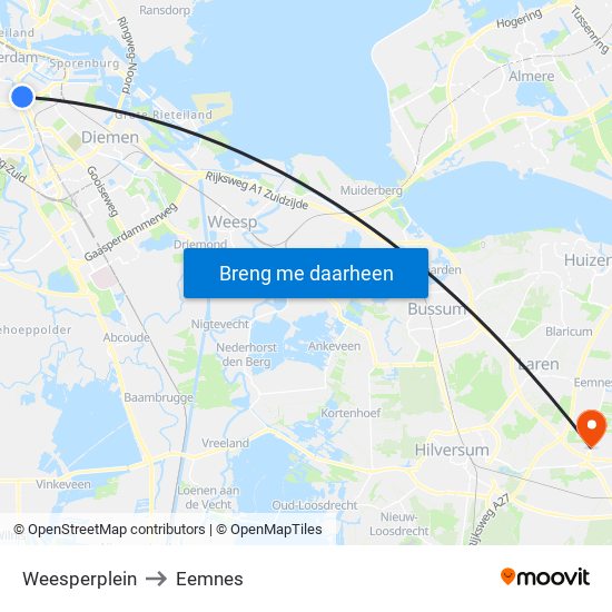 Weesperplein to Eemnes map