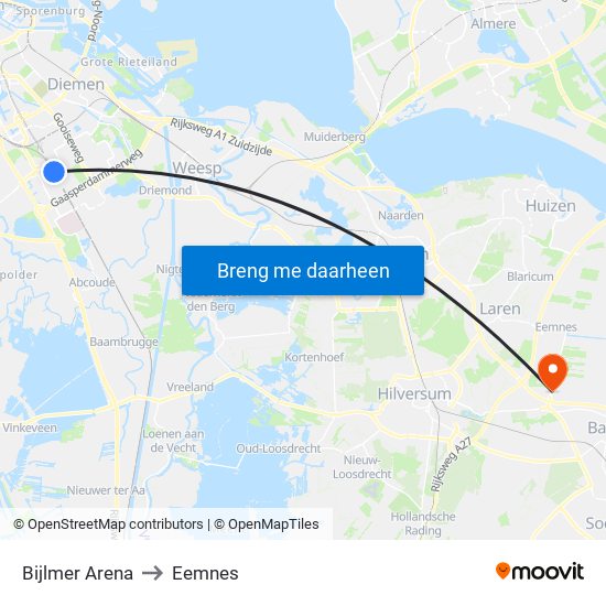 Bijlmer Arena to Eemnes map