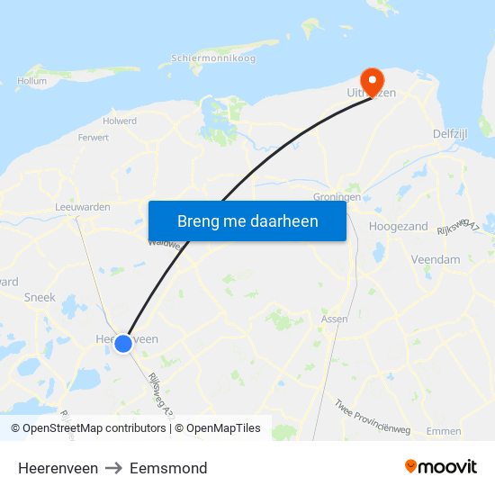 Heerenveen to Eemsmond map