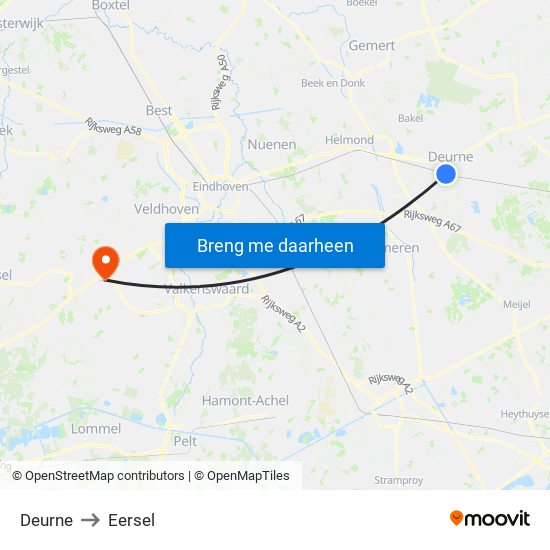 Deurne to Eersel map