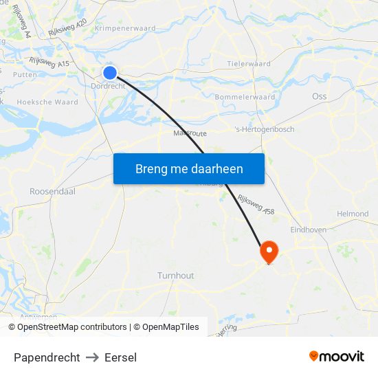 Papendrecht to Eersel map