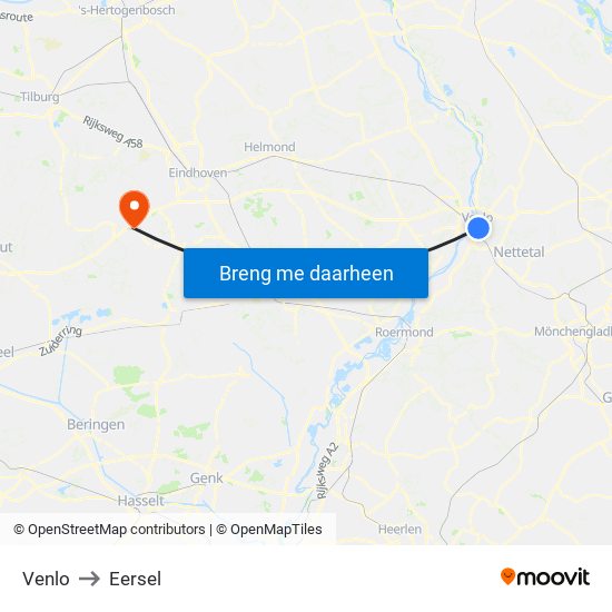 Venlo to Eersel map