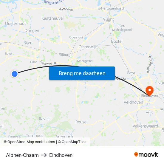 Alphen-Chaam to Eindhoven map