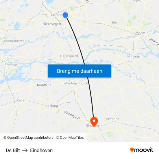 De Bilt to Eindhoven map