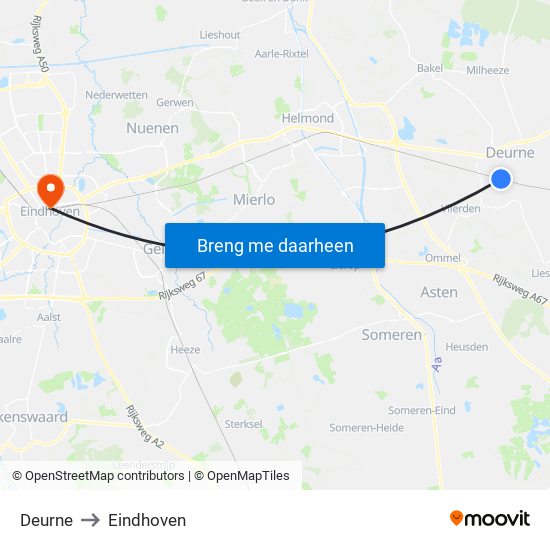 Deurne to Eindhoven map