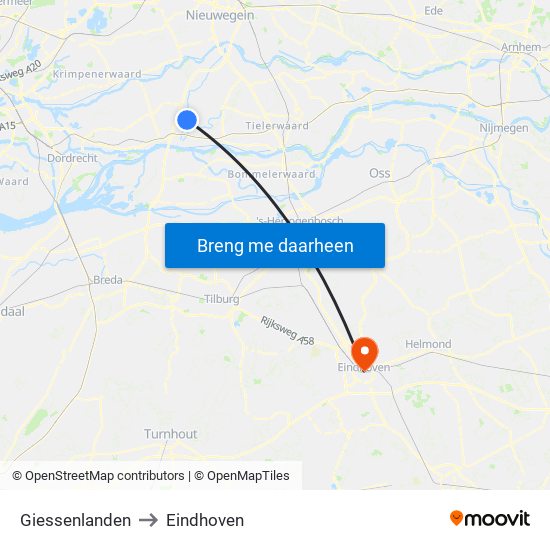 Giessenlanden to Eindhoven map