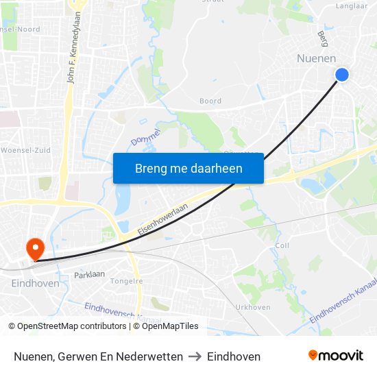 Nuenen, Gerwen En Nederwetten to Eindhoven map