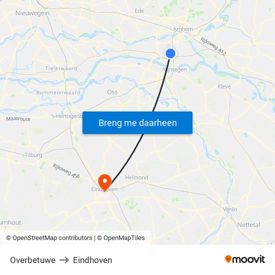 Overbetuwe to Eindhoven map