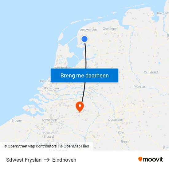 Sdwest Fryslân to Eindhoven map