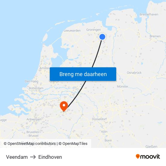 Veendam to Eindhoven map