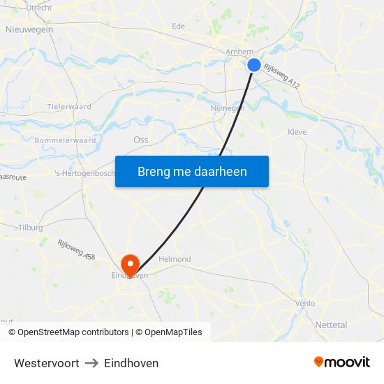 Westervoort to Eindhoven map