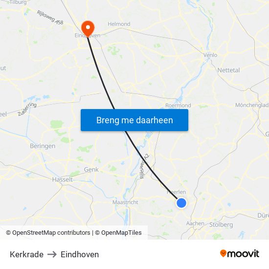 Kerkrade to Eindhoven map