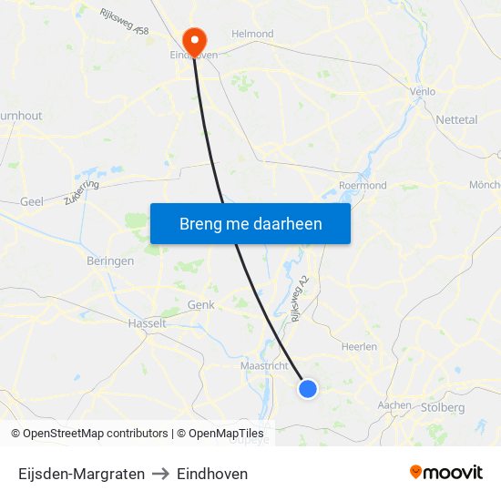 Eijsden-Margraten to Eindhoven map