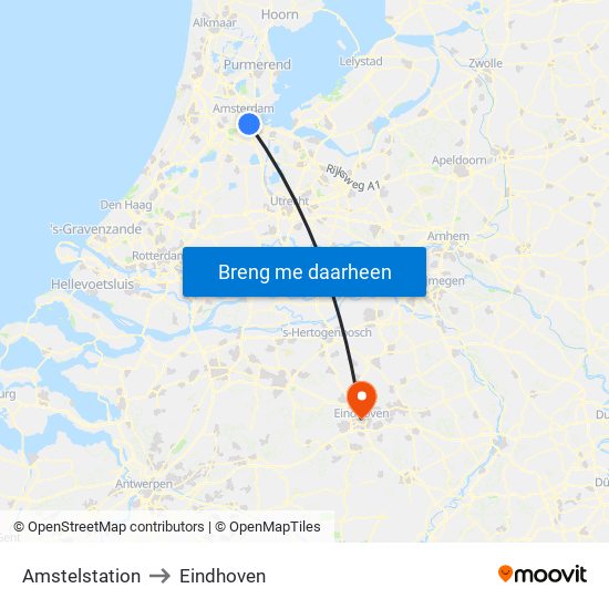 Amstelstation to Eindhoven map