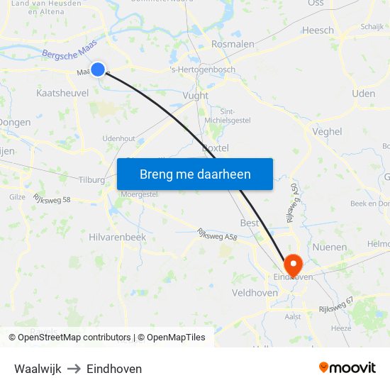 Waalwijk to Eindhoven map