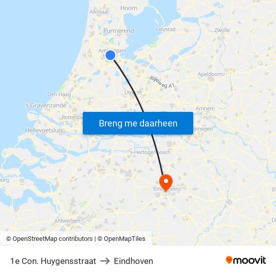 1e Con. Huygensstraat to Eindhoven map