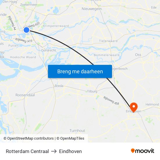 Rotterdam Centraal to Eindhoven map