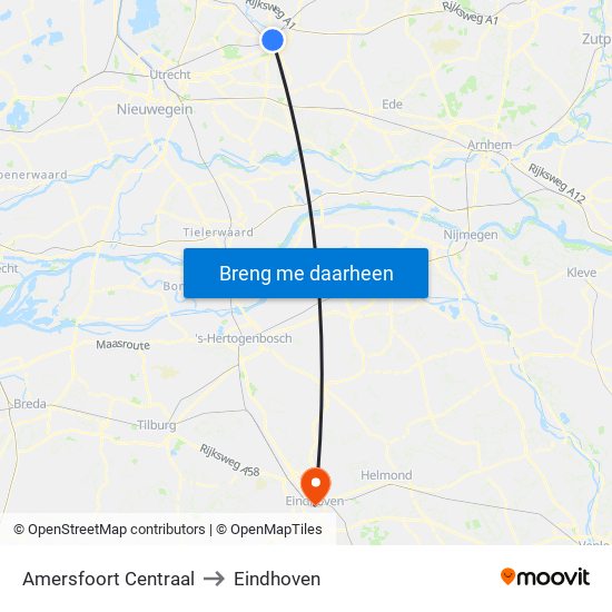 Amersfoort Centraal to Eindhoven map