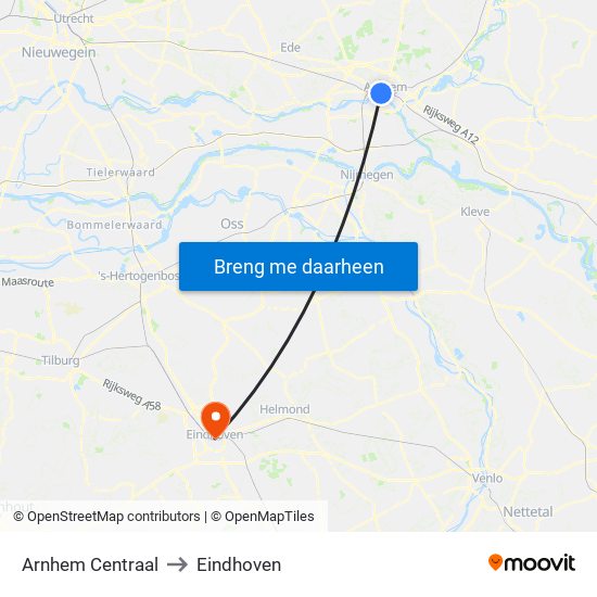 Arnhem Centraal to Eindhoven map