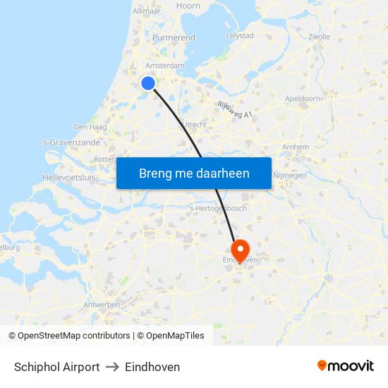 Schiphol Airport to Eindhoven map