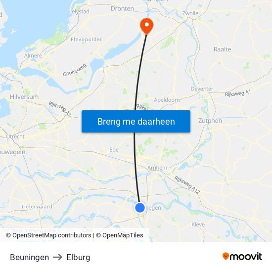 Beuningen to Elburg map