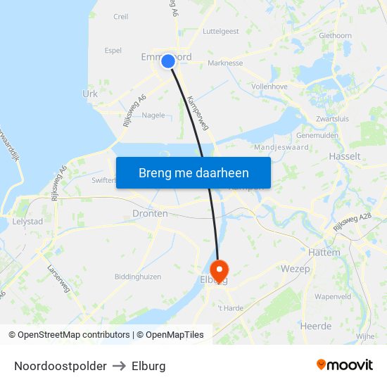 Noordoostpolder to Elburg map