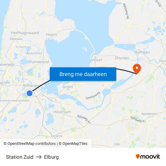 Station Zuid to Elburg map