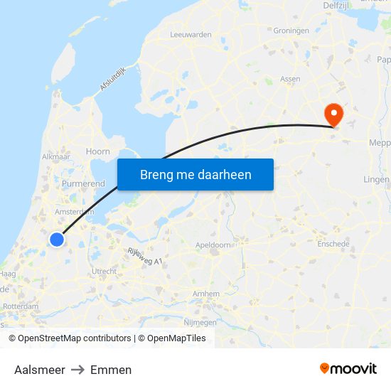 Aalsmeer to Emmen map