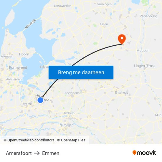 Amersfoort to Emmen map