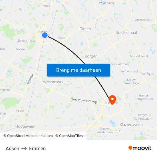Assen to Emmen map