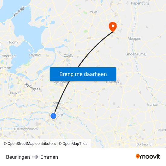 Beuningen to Emmen map