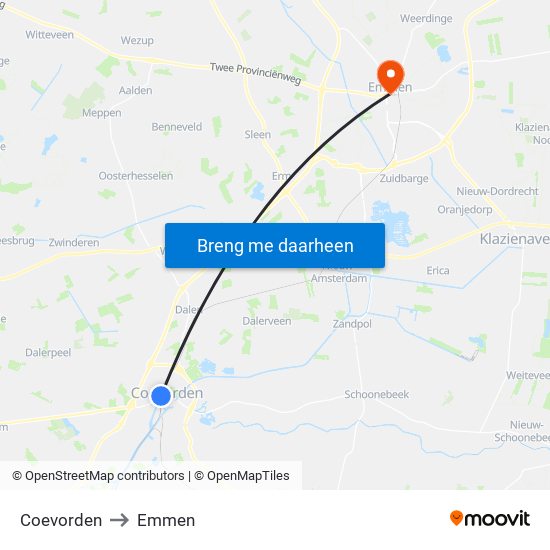 Coevorden to Emmen map