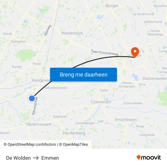 De Wolden to Emmen map