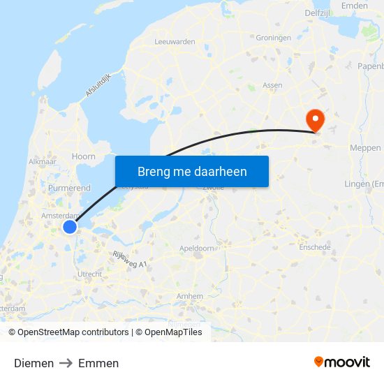 Diemen to Emmen map