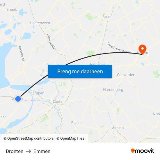 Dronten to Emmen map
