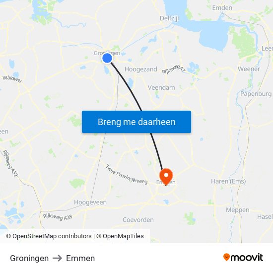 Groningen to Emmen map