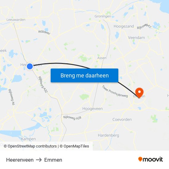 Heerenveen to Emmen map