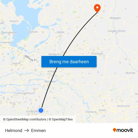 Helmond to Emmen map