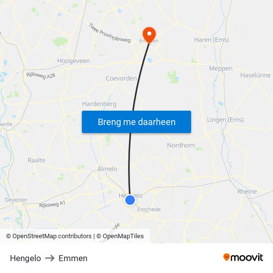 Hengelo to Emmen map