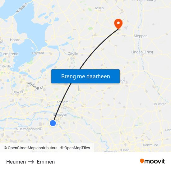 Heumen to Emmen map