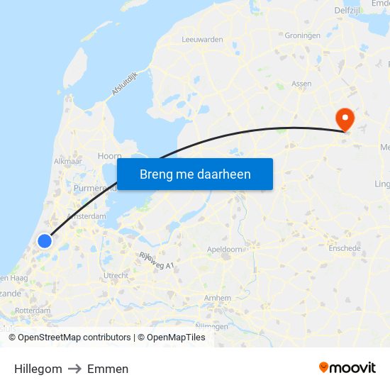 Hillegom to Emmen map